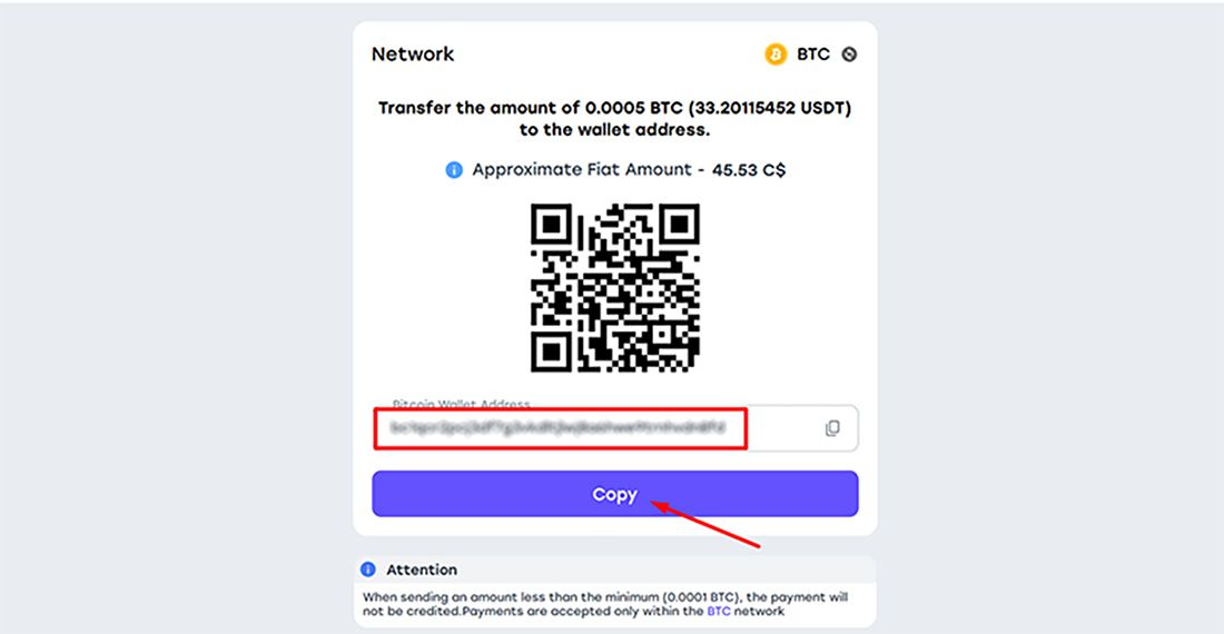 Bitcoin Deposit section in Online Casino