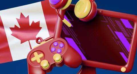 Image d'un ordinateur portable, d'un casque, d'un joystick et du drapeau du Canada