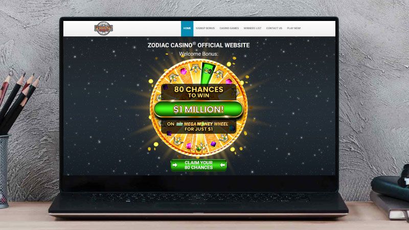 Laptop screen with Zodiac Casino screenshot