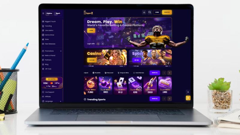 Laptop screen with BiggerZ Casino screenshot