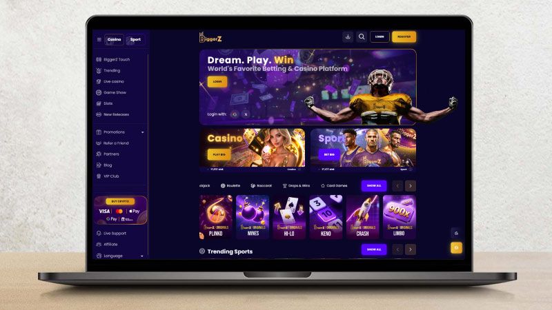 Écran d'ordinateur portable avec une capture d'écran de BiggerZ Casino