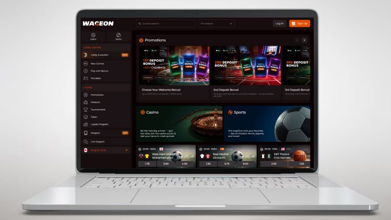 Laptop screen with Wageon Casino screenshot