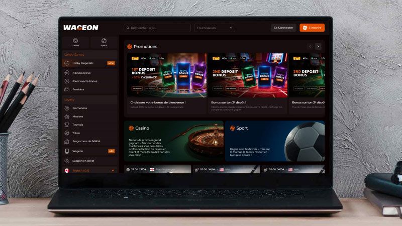 Écran d'ordinateur portable avec une capture d'écran de Wageon Casino