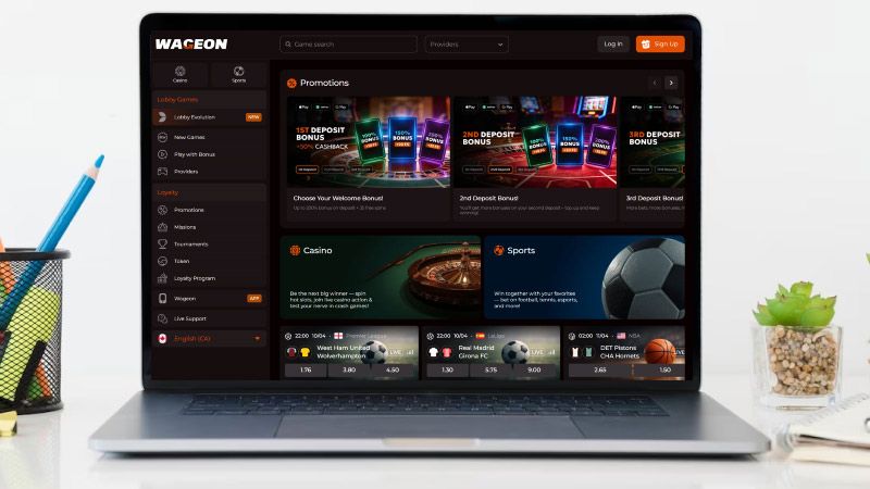 Laptop screen with Wageon Casino screenshot