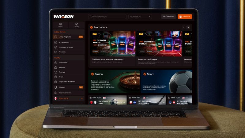 Écran d'ordinateur portable avec une capture d'écran de Wageon Casino