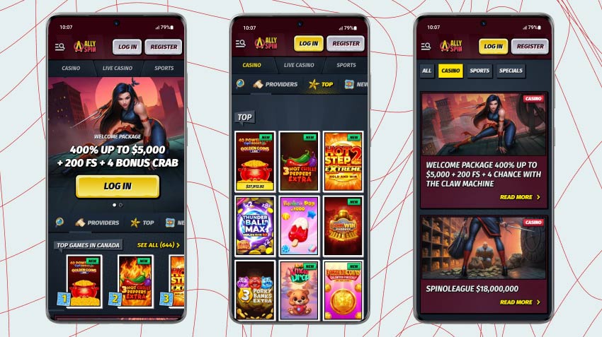 Mobile screenshots of AllySpin Casino