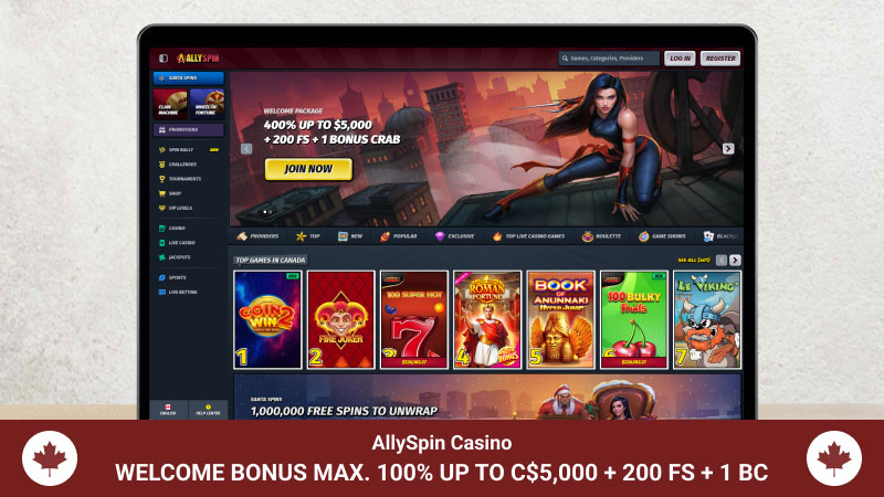 AllySpin Casino main page with bonus offer banner