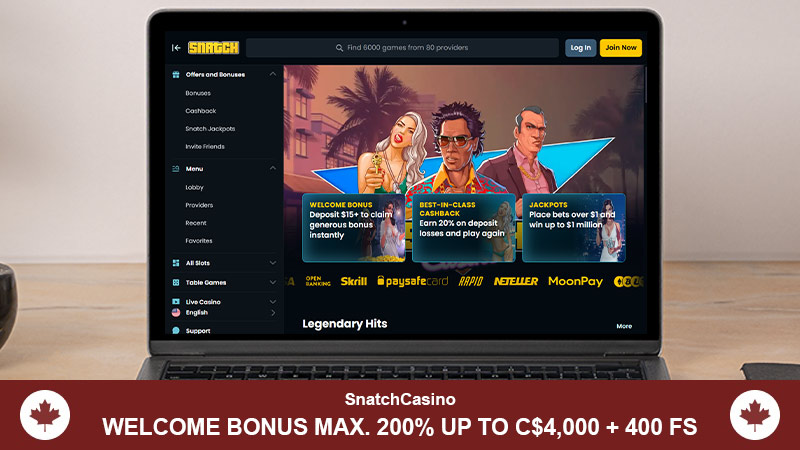 Snatch casino main page on computer screen