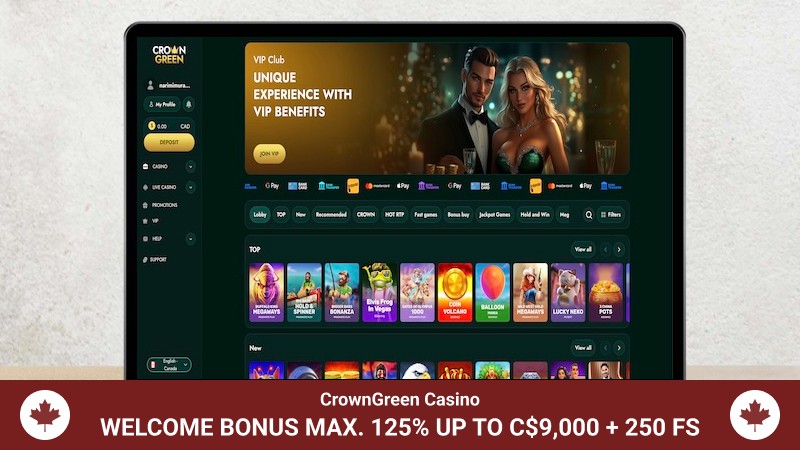 CrownGreen Casino main page with a welcome bonus banner