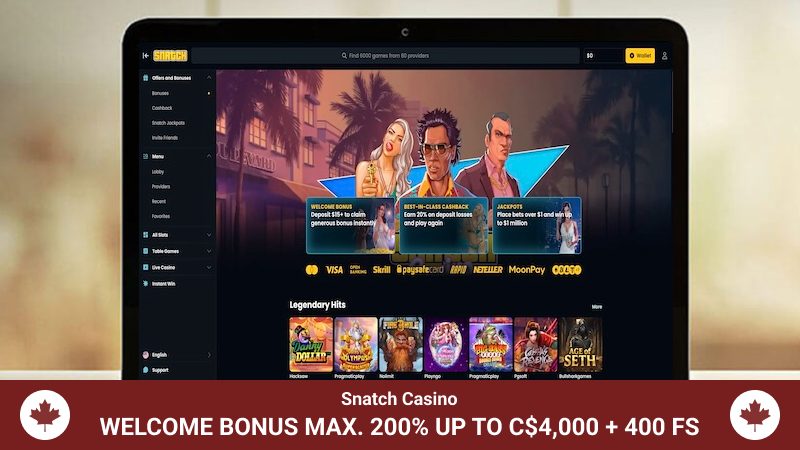 Snatch Casino main page with bonus offer information
