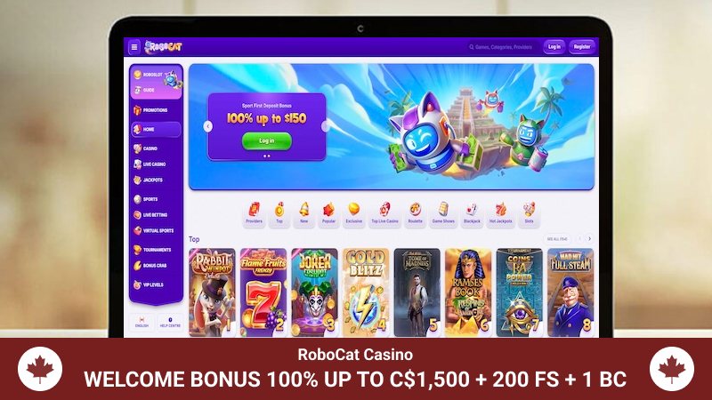 RoboCat Casino main page with bonus offer information