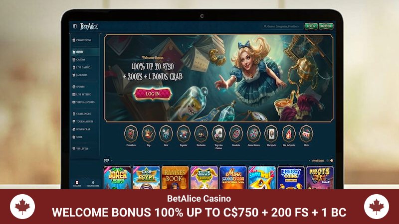 BetAlice casino main page on computer screen