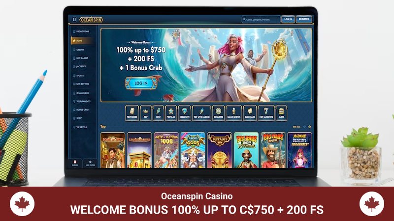 Oceanspin Casino main page on a computer screen