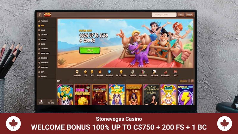 Stonevegas Casino main page with bonus offer information