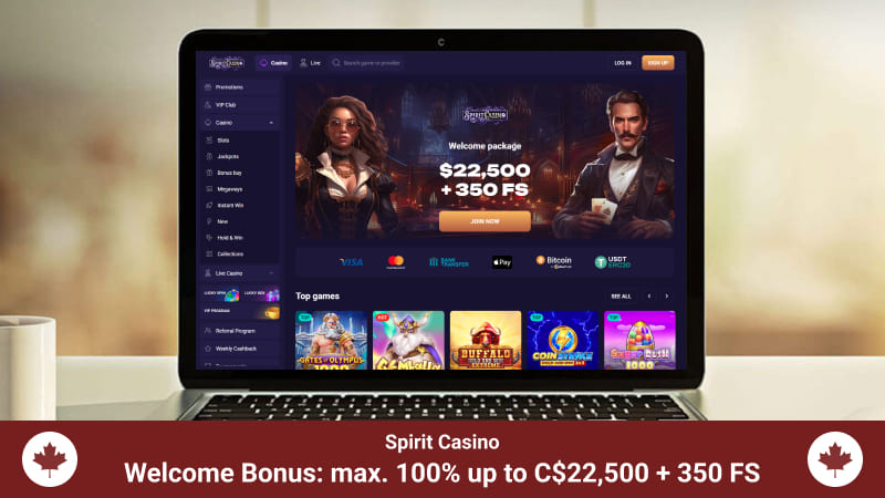 Spirit Casino main page with a welcome bonus banner