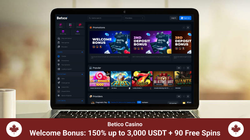 Betico Casino main page with a welcome bonus banner