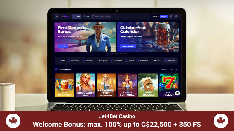 Jet4Bet Casino main page with a welcome bonus banner