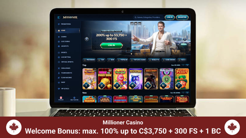 Millioner Casino main page with a welcome bonus banner