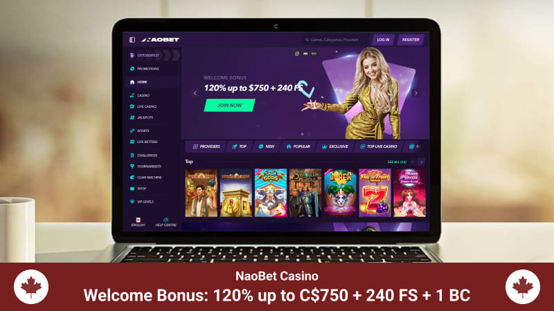 NaoBet Casino main page with a welcome bonus banner