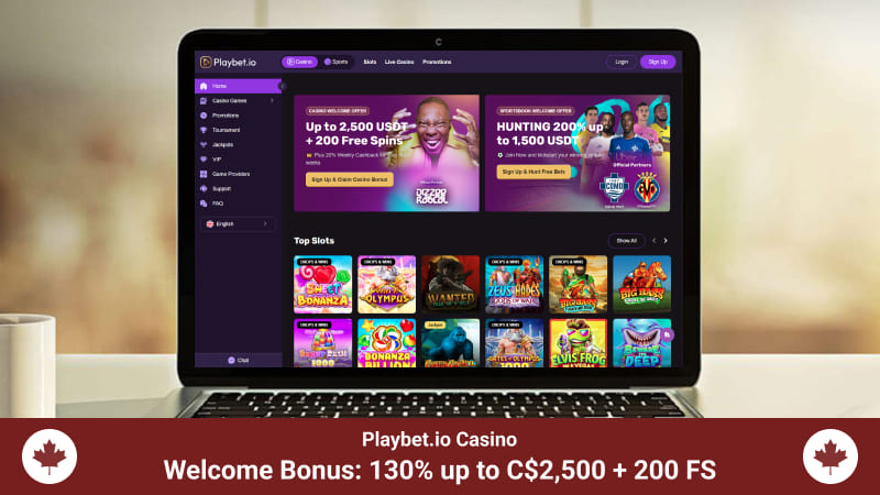 Playbet.io Casino main page with a welcome bonus banner