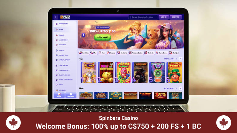 Spinbara Casino main page on a computer screen
