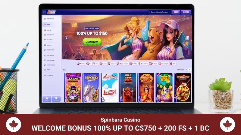 Spinbara Casino main page with bonus offer information