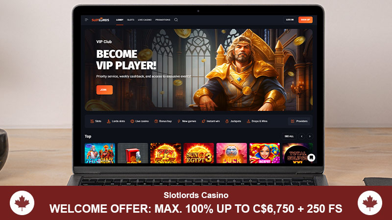 Slotlords Casino main page with bonus offer banner