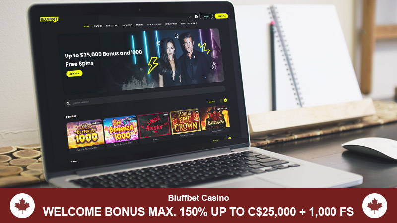 Bluffbet Casino main page with a welcome bonus banner