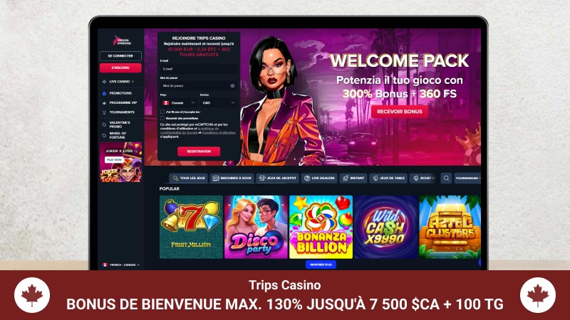 Page d'accueil du Trips Casino sur un écran d'ordinateur portable