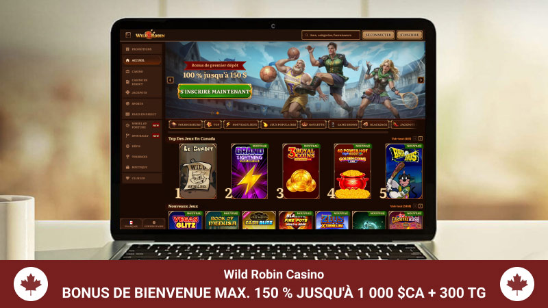 Page d'accueil du Casino Wild Robin sur un écran d'ordinateur portable
