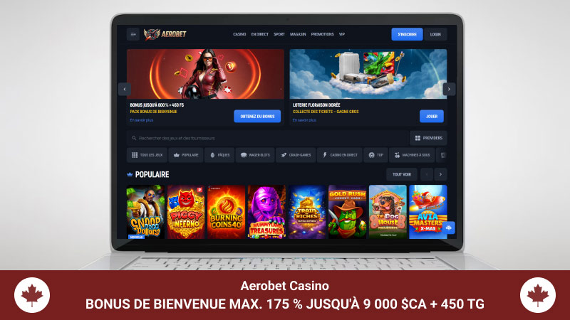 Page d'accueil du Aerobet Casino sur un écran d'ordinateur portable