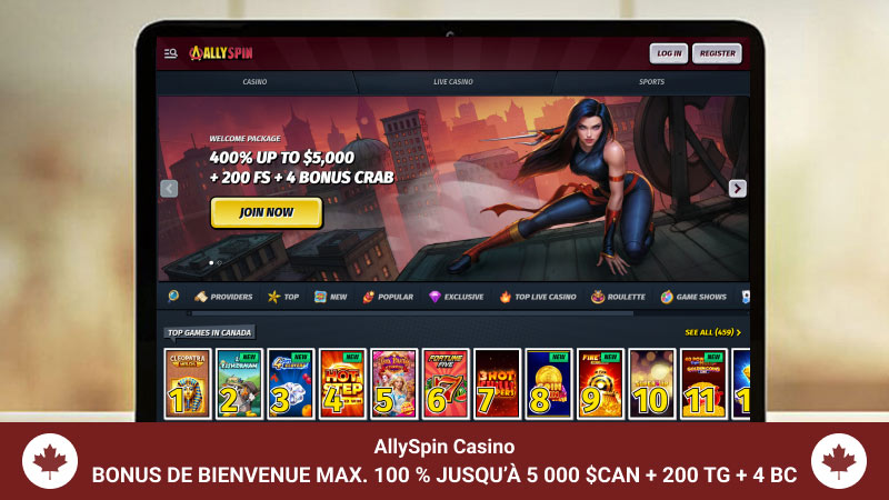 Page d'accueil du Casino AllySpin sur un écran d'ordinateur portable