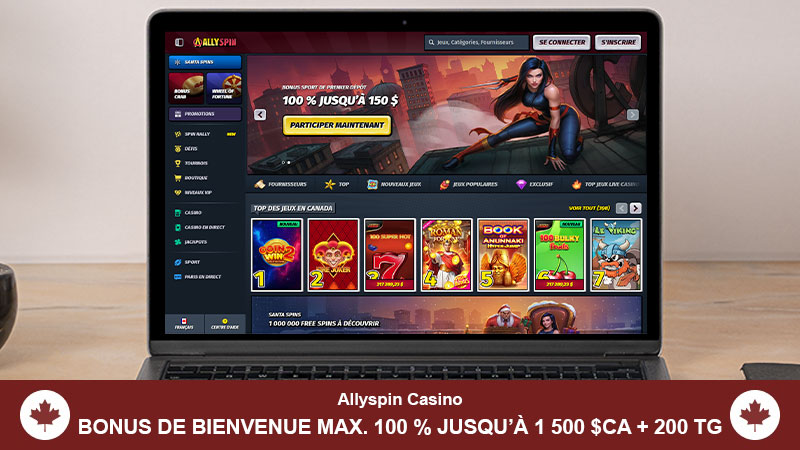 Page d'accueil du Casino AllySpin sur un écran d'ordinateur portable