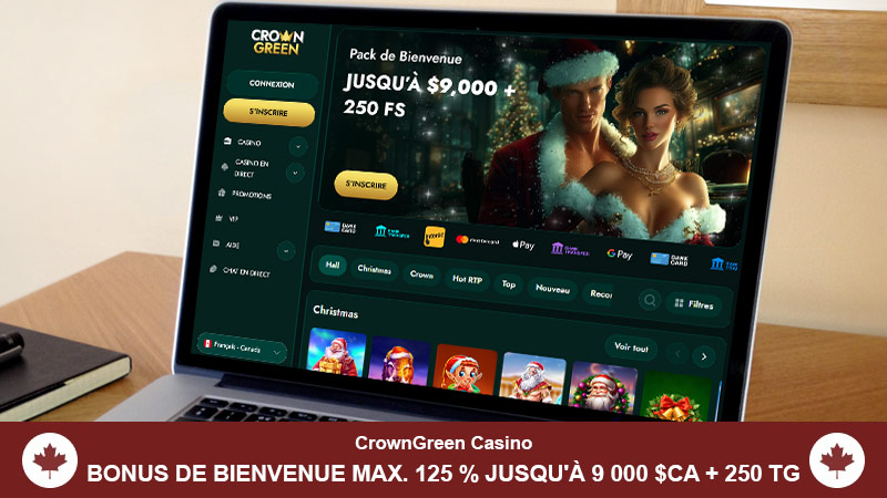Page d'accueil du CrownGreen Casino sur un écran d'ordinateur portable