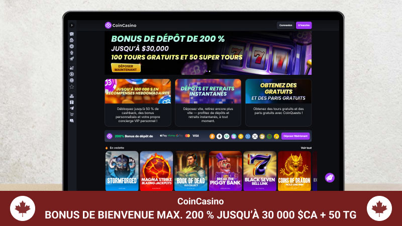 Page d'accueil du CoinCasino sur un écran d'ordinateur portable