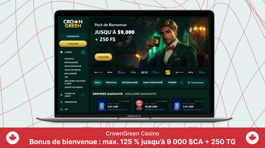 Page d'accueil du Casino CrownGreen sur un écran d'ordinateur portable