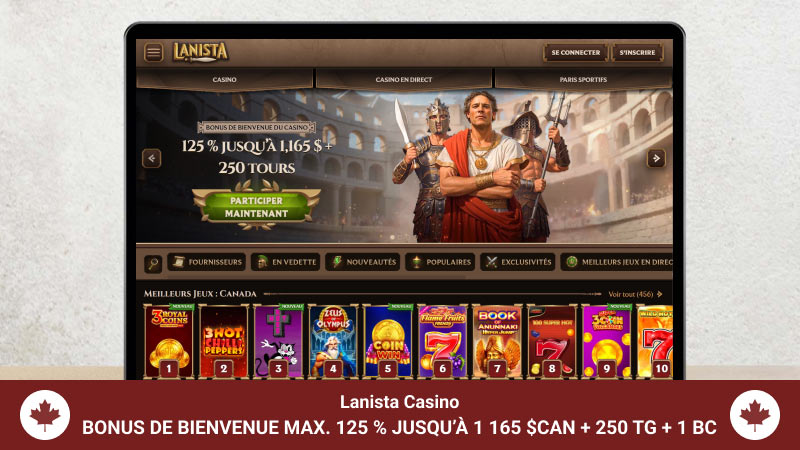 Page d'accueil du Lanista Casino sur un écran d'ordinateur portable