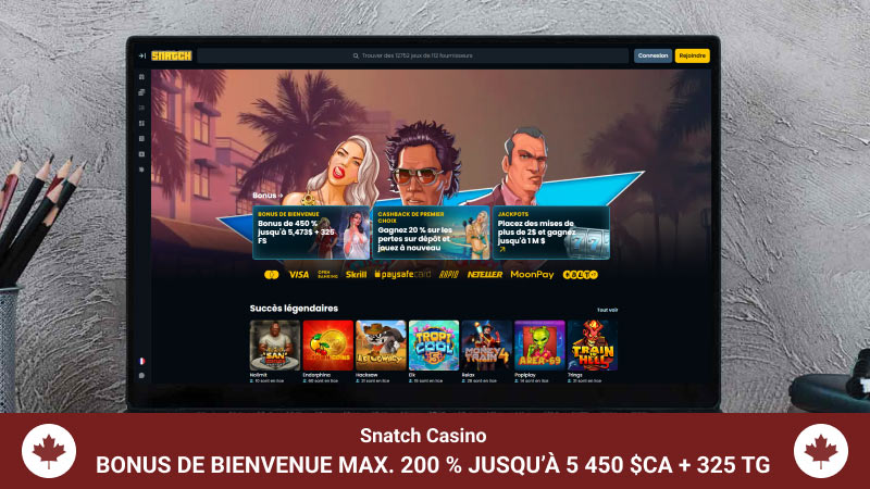 Page d'accueil du Casino Snatch sur un écran d'ordinateur portable