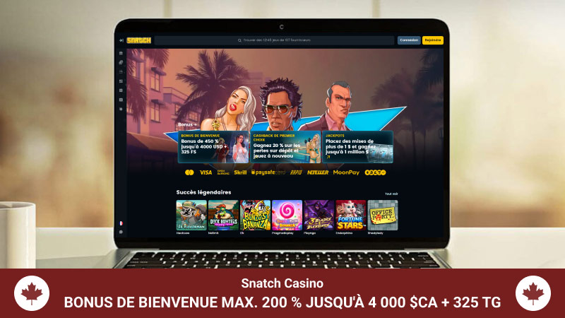 Page d'accueil du Casino Snatch sur un écran d'ordinateur portable