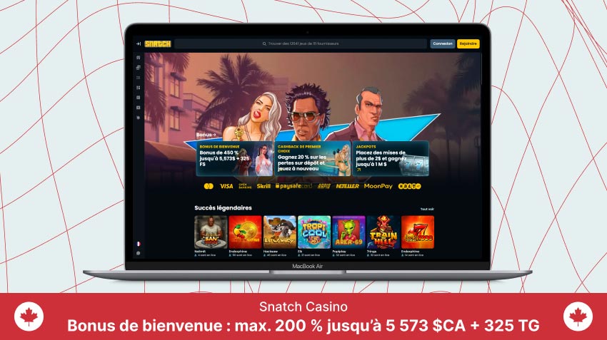 Page d'accueil du Casino Snatch sur un écran d'ordinateur portable