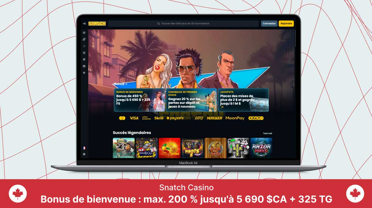 Page d'accueil du Casino Snatch sur un écran d'ordinateur portable