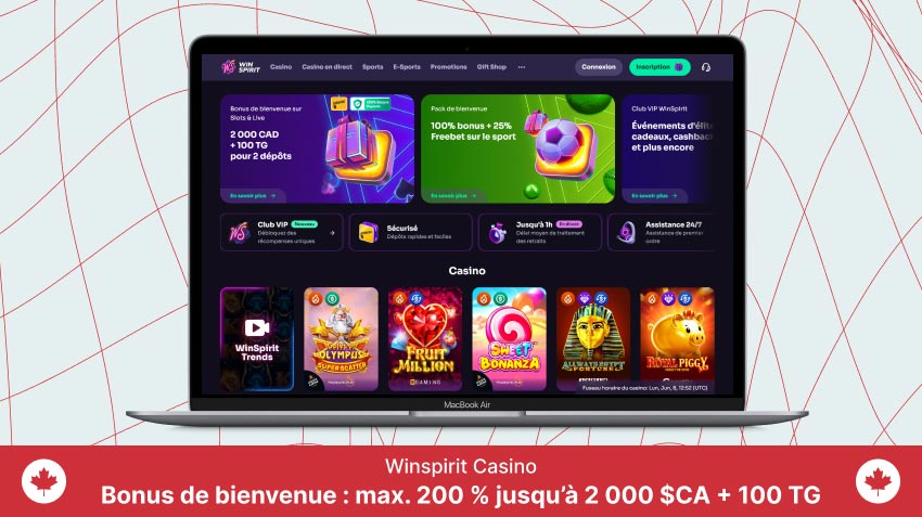 Page d'accueil du Winspirit Casino sur un écran d'ordinateur portable