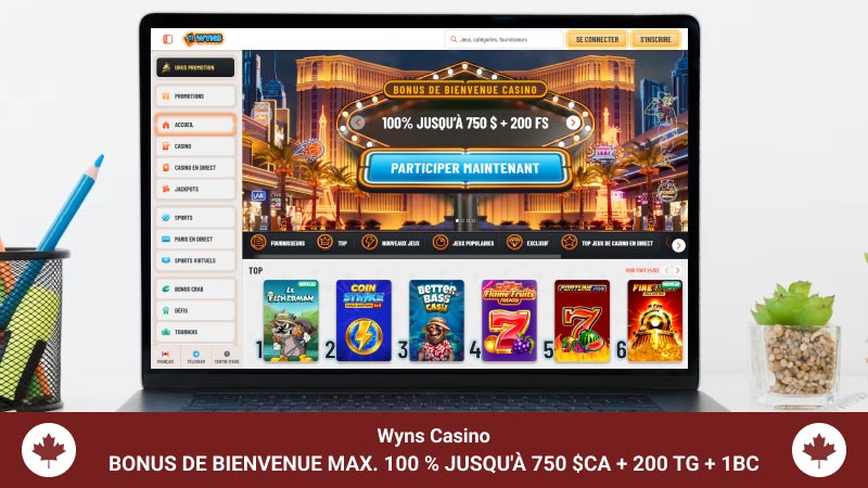 Page d'accueil du Casino Wyns sur un écran d'ordinateur portable