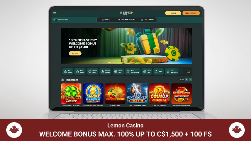 Lemon Casino main page with a welcome bonus banner