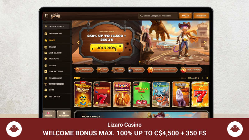 Lizaro Casino main page with a welcome bonus banner