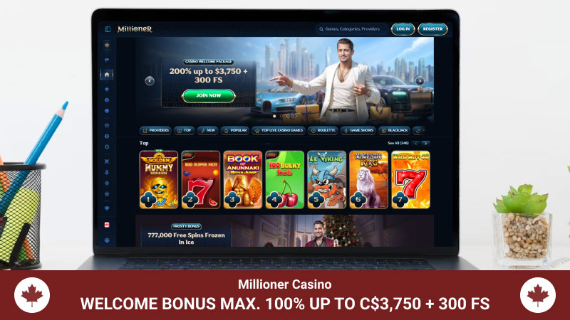 Millioner Casino main page with a welcome bonus banner