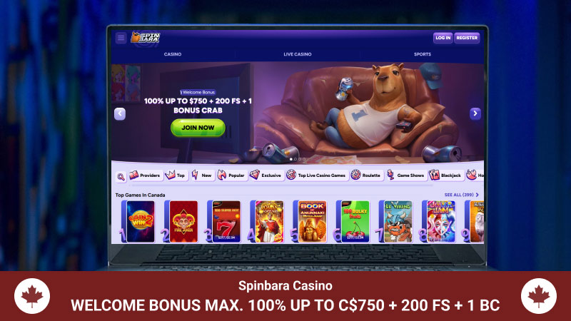 Spinbara Casino main page with a welcome bonus banner