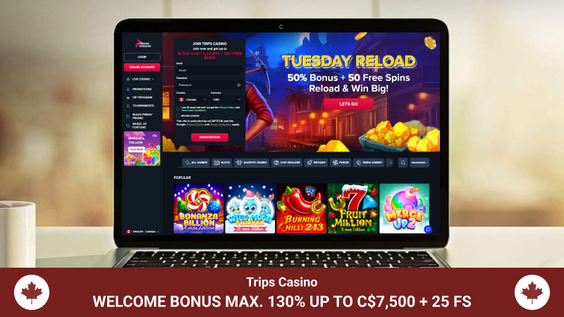 Trips Casino main page on a computer screen