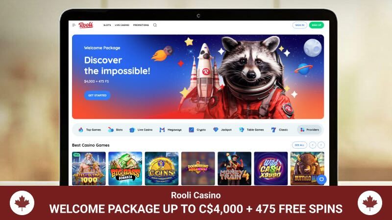 Rooli Casino main page with a welcome bonus banner