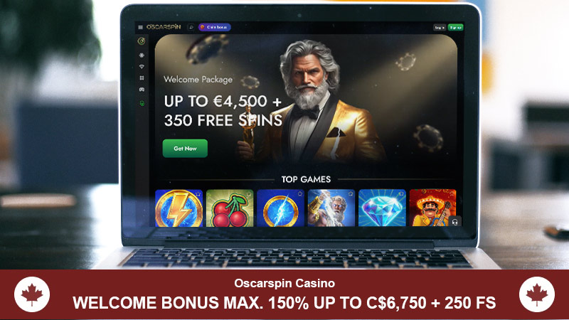 Oscarspin Casino main page with a welcome bonus banner